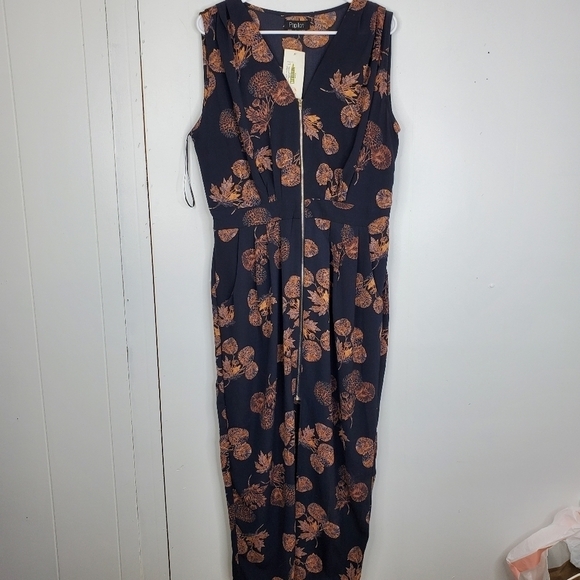 Papillon Maxi Dress Full Zip Front Dandelion Floral Sleeveless Navy Womens L - Picture 1 of 11